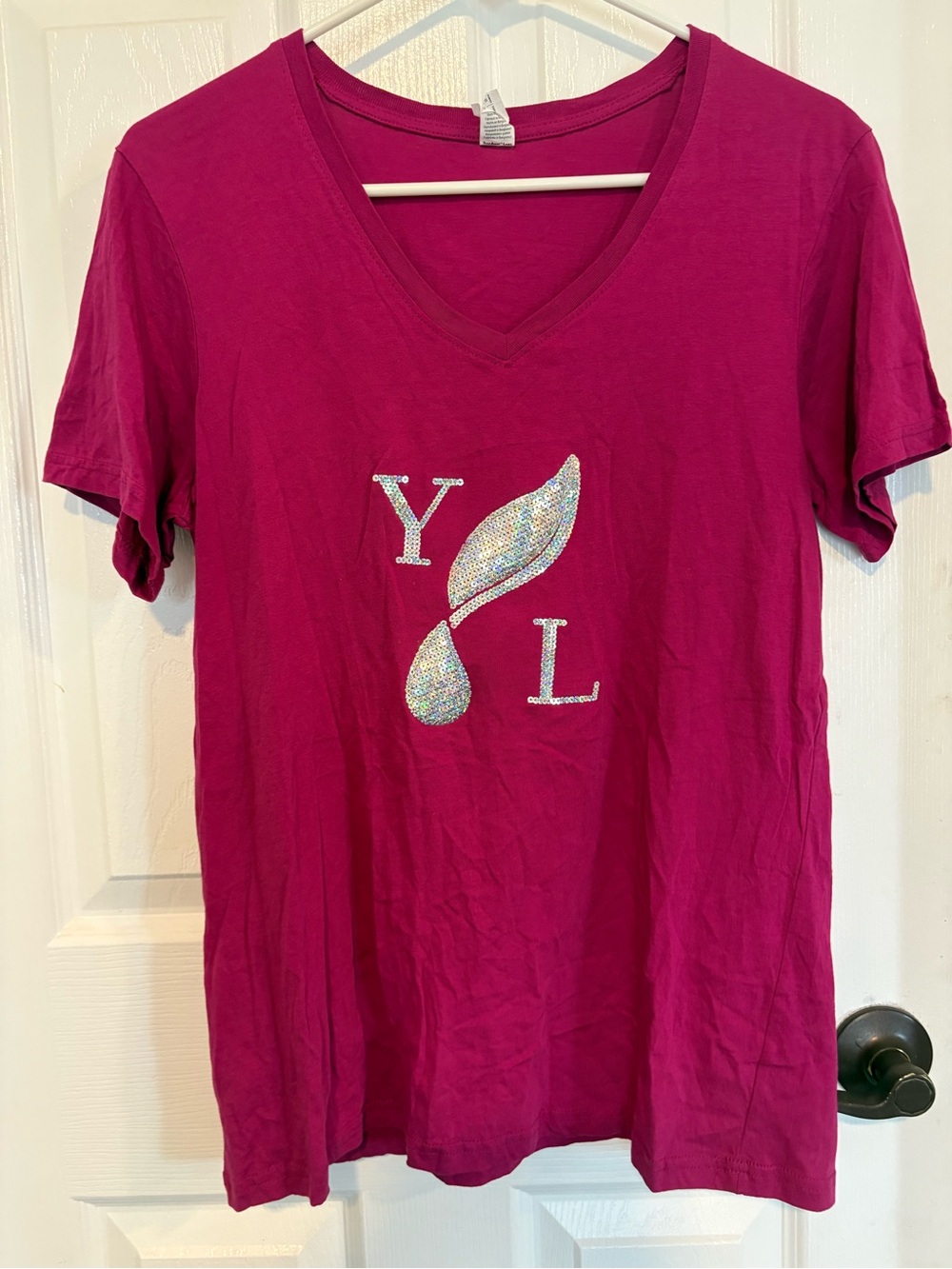 Anvil Fuchsia V-Neck Tee with Sequin Leaf Logo